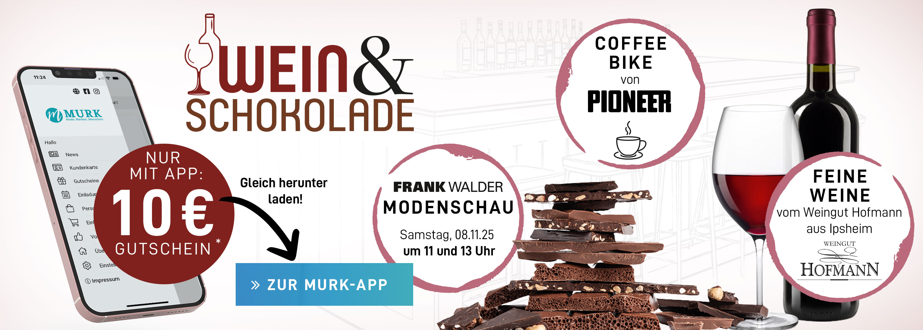 Wein & Schokolade. Das Event mit Weintasting, FRANK WALDER Modenschau und Coffee-Bike von PIONEER