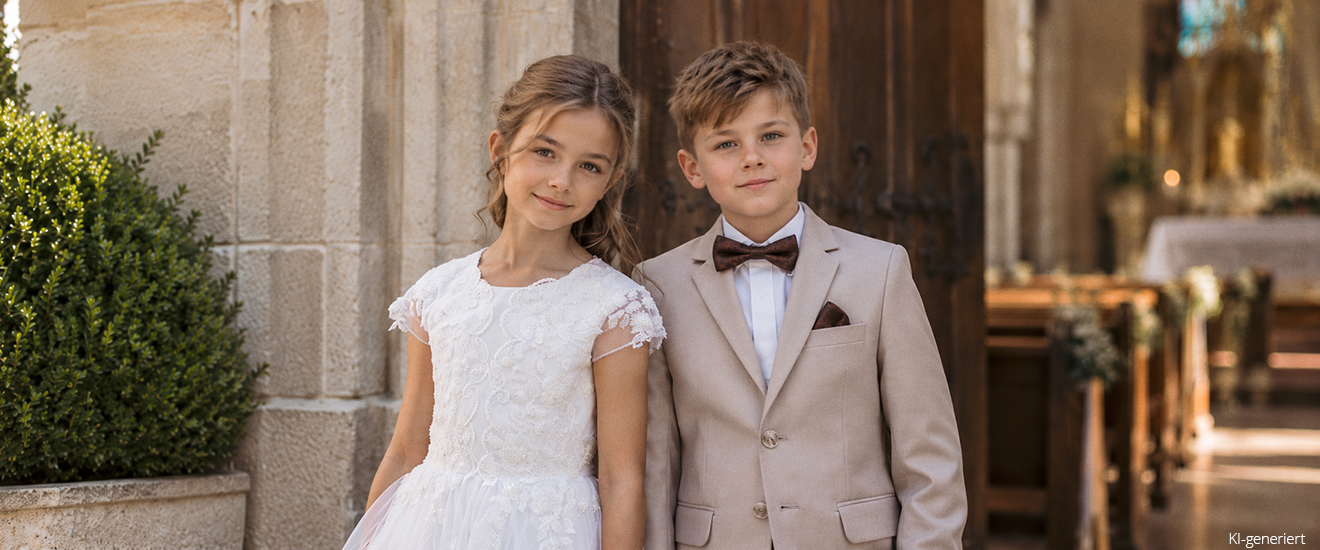 Mädchen in Kommunionkleid und Junge in beigen Anzug mit Hemd